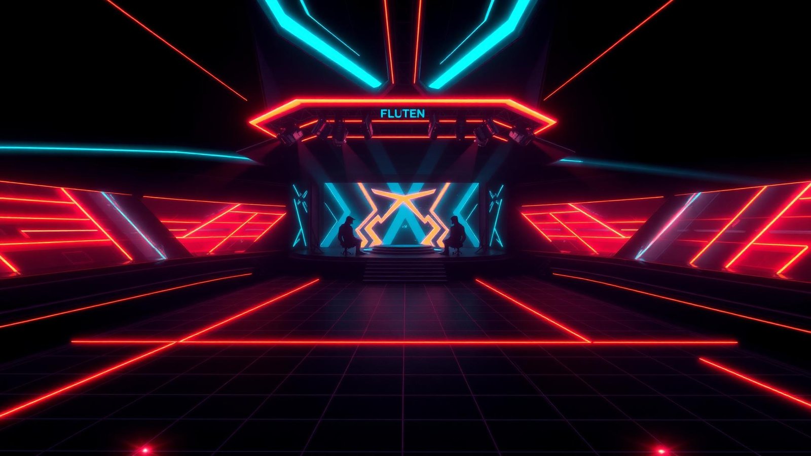 Neon-lit Free Fire esports tournament arena